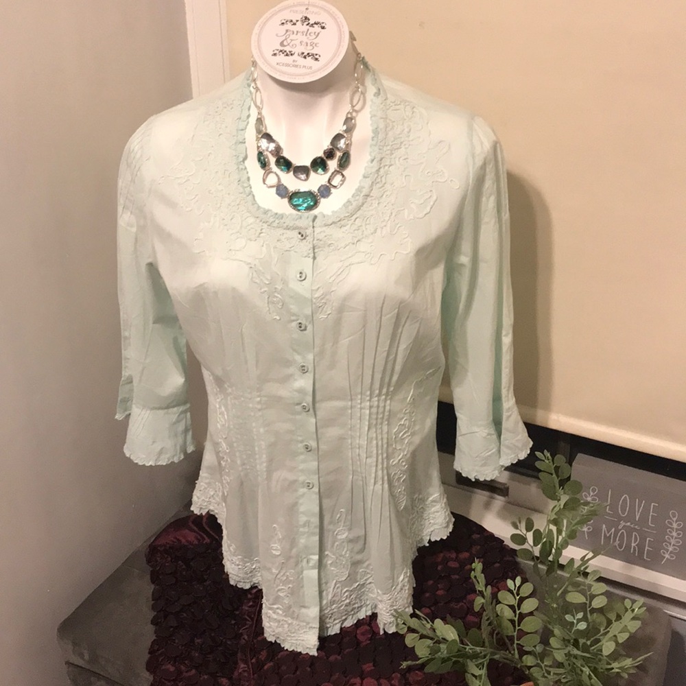 Soft teal button up for fun day or evening